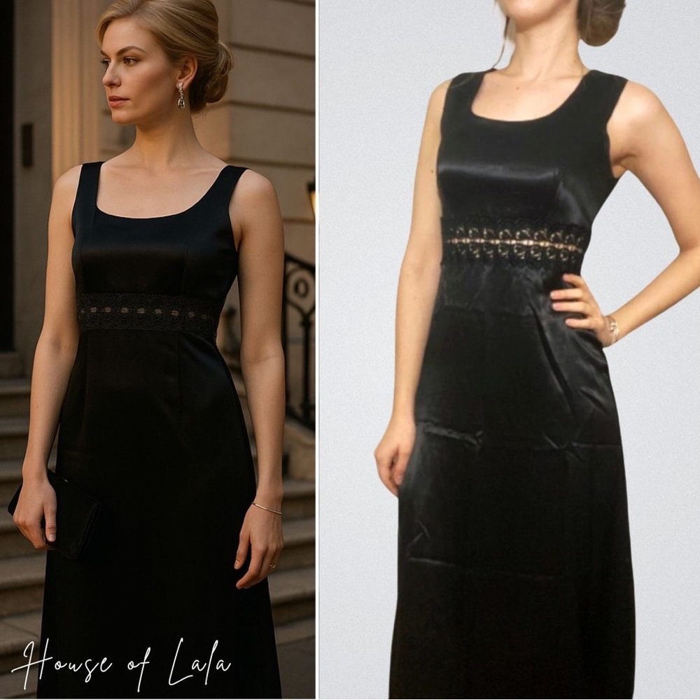 Vintage Black Satin Lace Waist Formal Dress – 90s Cocktail Gown, Size S/M